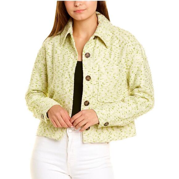 Avec Les Filles Green Cropped Tweed Button Front Shacket Jacket Size Medium NWT - Picture 1 of 7